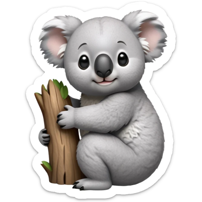 cinematic-koala-realistic-full-body-clinging-emoji,-round-plump-frame-clasped-to-a-gum-tree-branch,-soft-grey-fur-textured-and-fluffy,-oversized-fluffy-ears-twitching-slightly,-dark-expressive-eyes-peering-sleepily,-clawed-paws-gripping-bark-firmly,-simplified-yet-realistic-focused-features,-highly-detailed,-glowing-with-a-gentle-warmth sticker