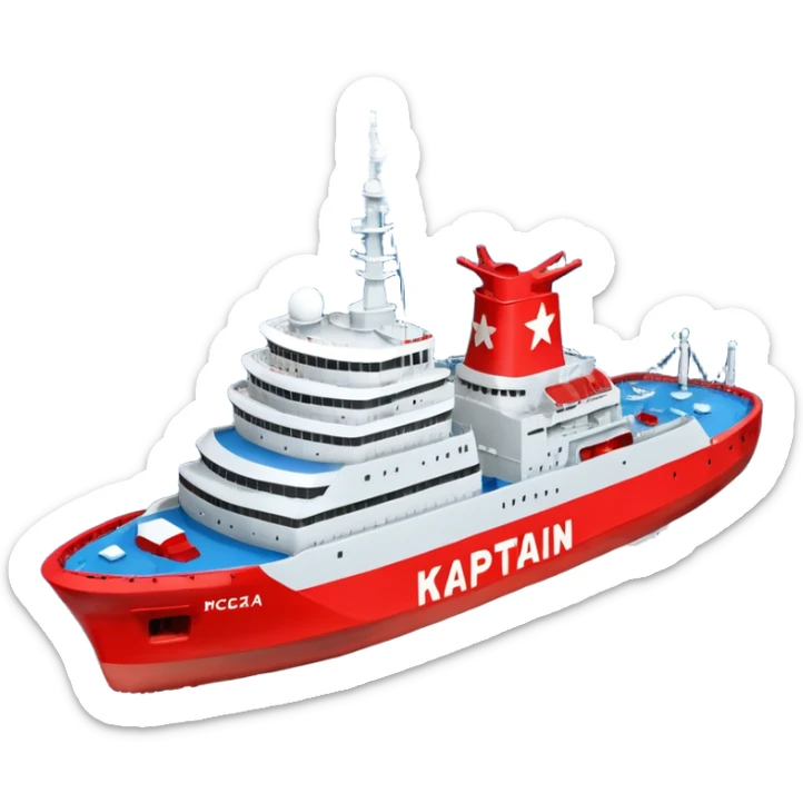 Realistic 3D icon of icebreaker "Kapitan Krutov" (grey hull, red star, white superstructure, "РОСМОРПОРТ" lettering). Soft winter lighting, 3/4 aerial view. Fractured blue ice, white background. High detail, photorealistic GSON style. sticker