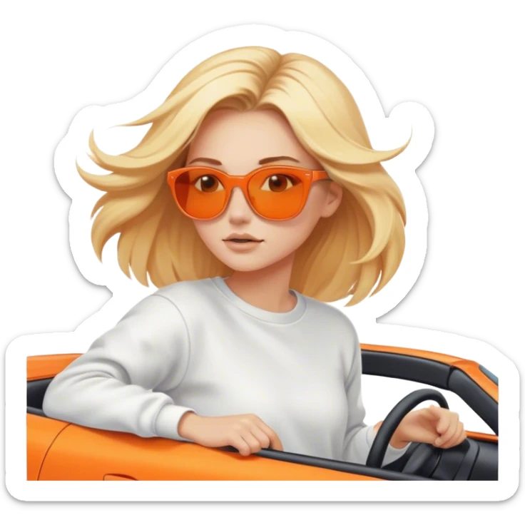 A cinematic realistic blonde in sunglasses, wearing a white sweatshirt, is driving an orange car, her hair is slightly blowing in the wind. sticker