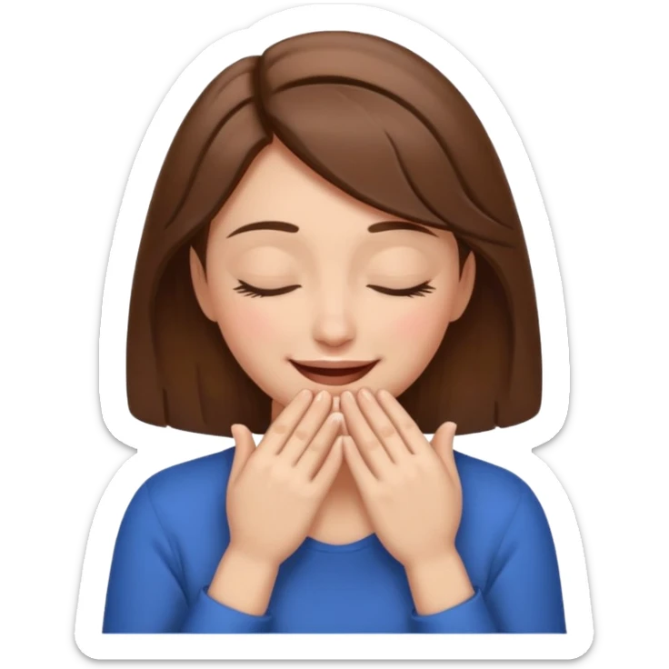 femenine smiling face posing with hands under chin, eyes closed like enjoying and brown hair  sticker