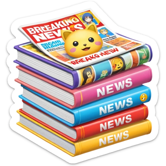 stack of colorful anime magazines with a breaking news banner, emoji style sticker