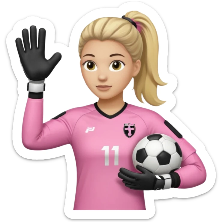 Make a dirty blonde football goalkeeper with goalkeeper gloves on. light skinned and wearing a light pink football kit. Wearing one ponytail on back of head. Make it without the whole body. With full sleeves. No RUGBY BALl.  BLACK AND WHITE BALL.  Holding the ball regularly sticker