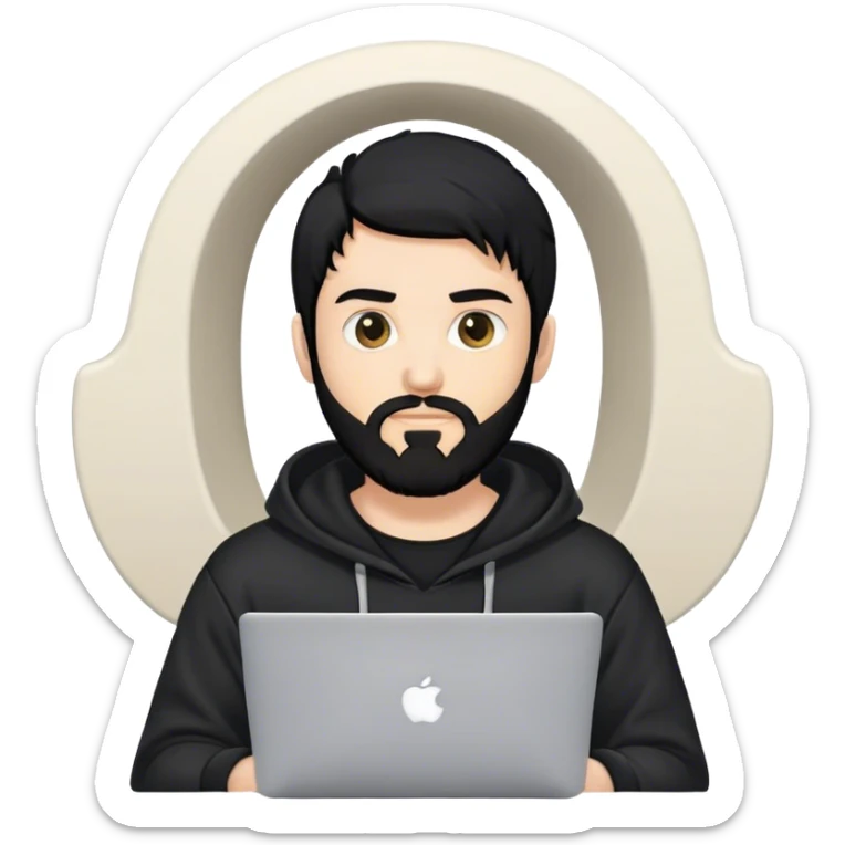 hackeur blanc cheveux noir barbe et capuche noir avec un macbook sticker