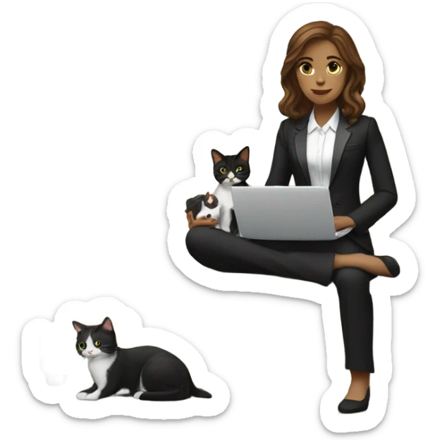 Light skinned woman with brown hair sitting on the couch laptop on her lap next to small black and white tuxedo cat sticker