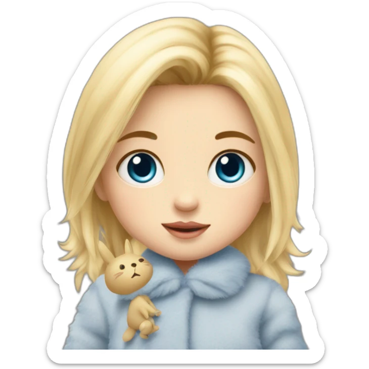 bébé fille blonde décoiffée aux yeux bleus avec une peluche Totoro  sticker