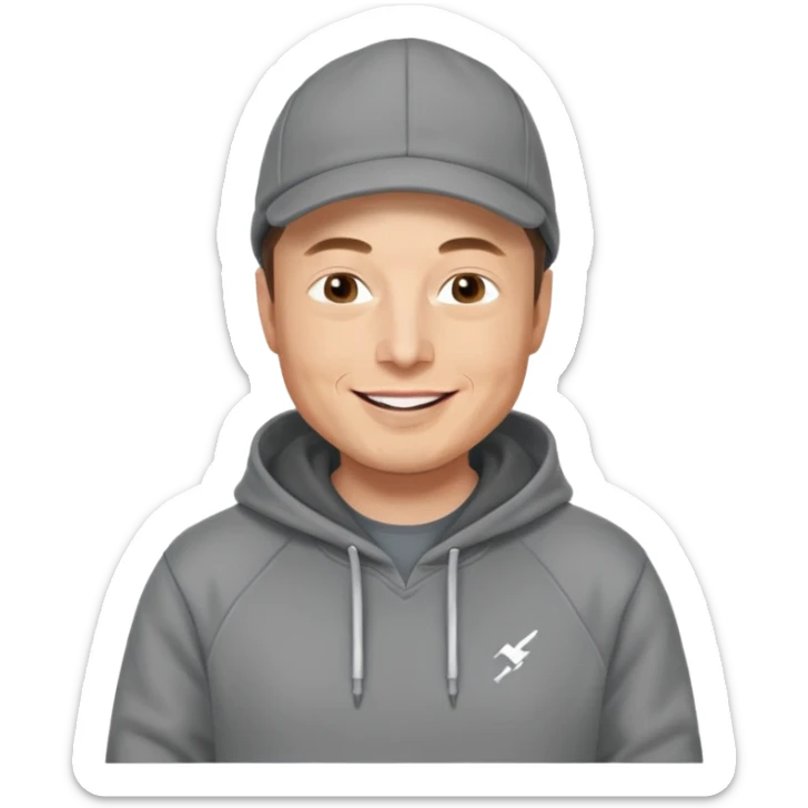 elon musk in gray hoodie full height, wear hoodie hat, happy sticker