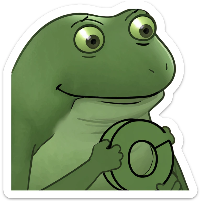 Pepe the frog holding a stylized 'C' logo, formed by four green arcs on black, open to the right, with depth and a dynamic, modern look. sticker