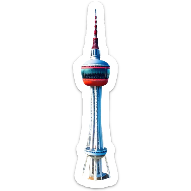 ​Cinematic Realistic N Seoul Tower, depicted in full daylight as a slender, single-column tower crowned by a cylindrical observation deck, set against a clear blue sky over Seoul’s vibrant cityscape, rendered with crisp architectural detail and bright, natural lighting that accentuates its modern elegance, sticker