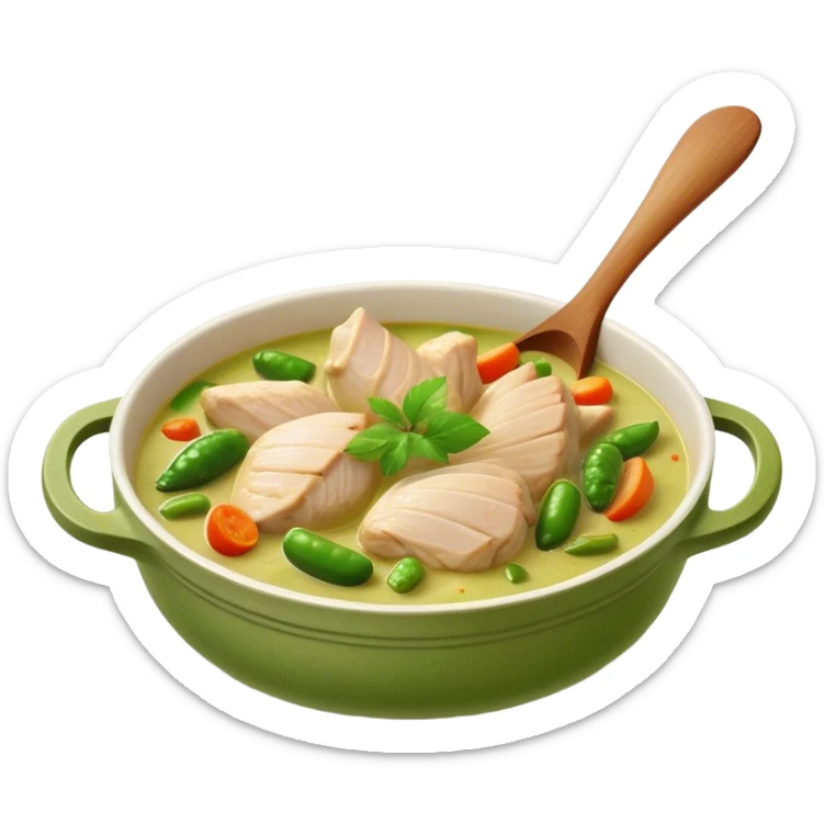 Cinematic Realistic Green Chicken Curry Dish Emoji, depicted with tender chicken simmered in a fragrant green curry sauce with vegetables rendered with rich textures and dynamic, vibrant lighting. sticker