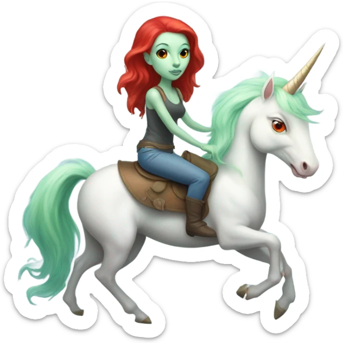 [politically incorrect
	{ woman: alien, color: light green, hair:red, eyes:cat} ]
	on a 
	[{ unicorn: white, legged:four, mane: light blue }] sticker