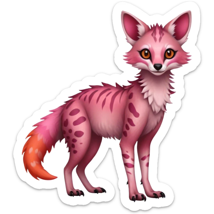 Feral Rare Fantasy dark pastel gradient-pink-red-orange Vernid-Sergal-Genet-species by LiLaiRa, random markings, tufted ears, full body, 4 legs sticker