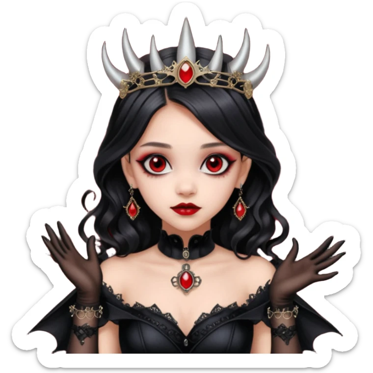 Lavish black evening gown with see-through gloves, Jenna Ortega as Addams woman wearing a steampunk mini tiara, very large blood red evil-looking horned old dragon evil eyes  sticker