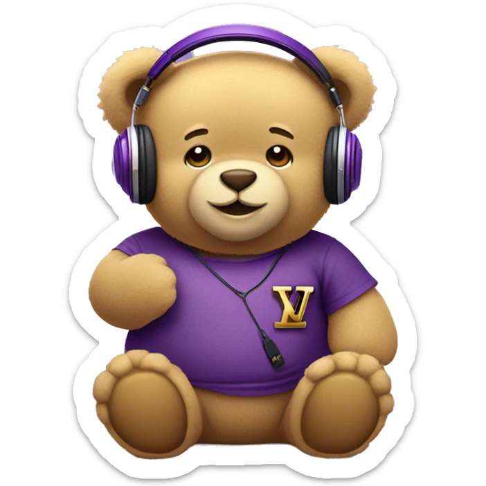chubby cute teddy bear wearing gold headphones that has a cherry symbol on the left ear and wearing a purple Louis Vuitton shirt sticker