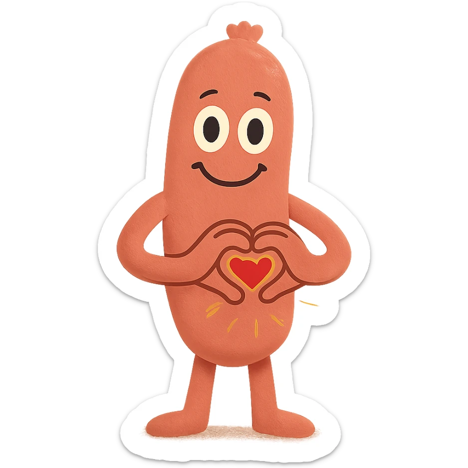 a smiling sausage-shaped humanoid with a pinkish-orange body, simple arms and legs, big eyes, and a happy smile. Its hands form a heart shape in front of its chest, radiating warmth and affection sticker