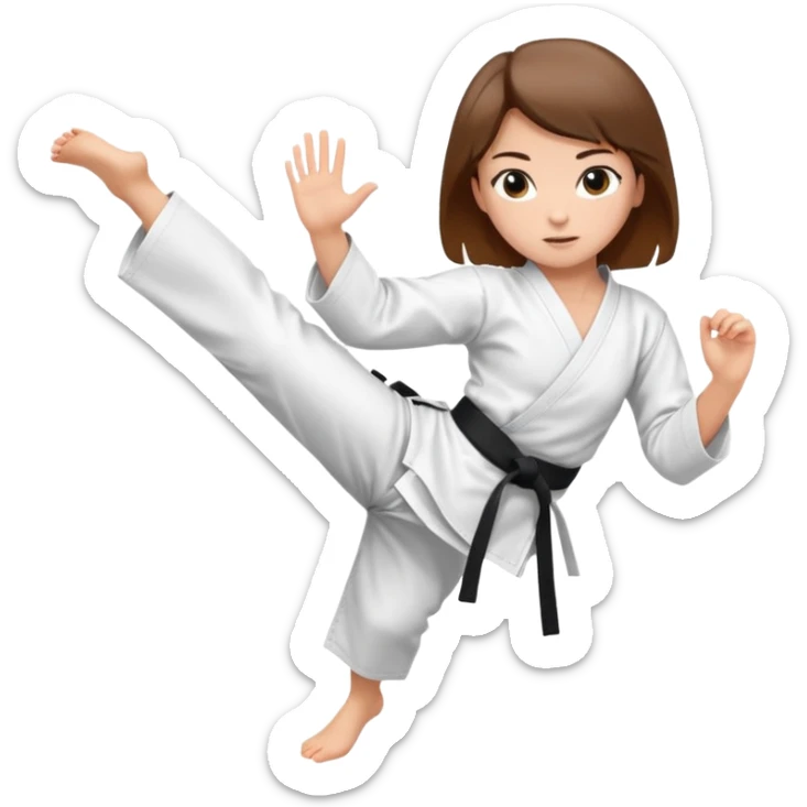 Ragazza castana che pratica karate, ha la cintura nera ed io tradizionale kimono bianco del karate, tira un calcio laterale oppure un pugno oppure è in posizione di guardia sticker