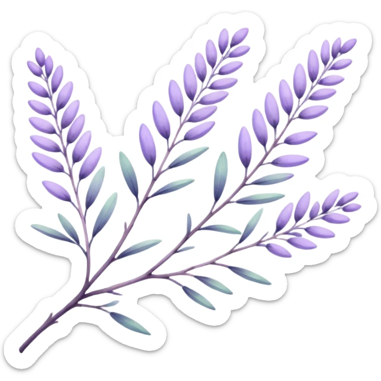 The art style is clean line art with delicate watercolor textures, pastel colors, and a dominant palette of lavender, soft lilac, and muted purple. Let the branch be more elongated and have short branches on it. sticker