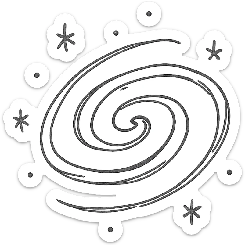 hand-drawn icon of a galaxy with sketchy lines forming a spiral galaxy, playful and artistic, black and white, no text sticker