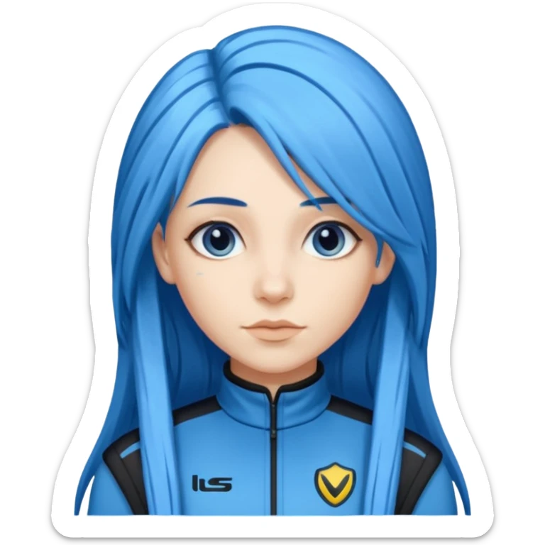 blue long hair woman with black racing outfit with blue strips sticker