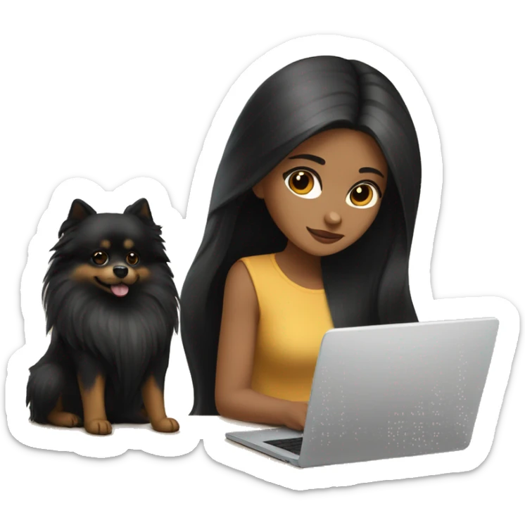 girl with long black hair, white skin, brown eyes, working on laptop, while her black-and-tan pomeranian is next to her sticker