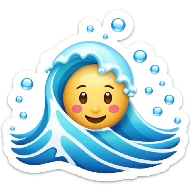emoji of the sea, calm blue waves, sparkling water, isolated on white background, soft shadows, high detail, playful and cute. sticker