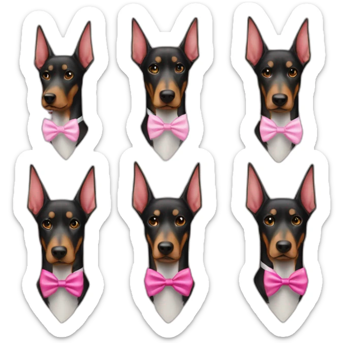 a-white-doberman-with-a-pink-bow-tie-on-the-neck-straight-ears,-a-black-one-and-a-brown-one sticker