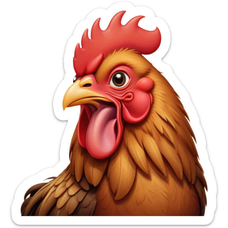 Cinematic Cute Yawning Brown Rooster Portrait Emoji, Head tilted slightly with a dramatic, wide-open yawn, showcasing a soft, downy brown plumage with a subtle red comb and drooping wings, round warm eyes barely open in drowsy contentment, Simplified yet irresistibly adorable features, highly detailed, glowing with a soft, cozy glow, high shine, relaxed yet expressive, stylized with a touch of whimsy, bright and endearing, soft glowing outline, capturing the essence of a sleepy yet affectionate rooster, so drowsy it feels like it could stretch out of the screen and curl up for a nap! sticker