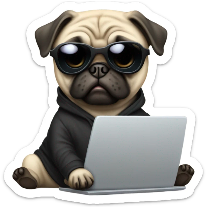 Pug wearing a black hoodie and using a laptop and wearing sunglasses sticker