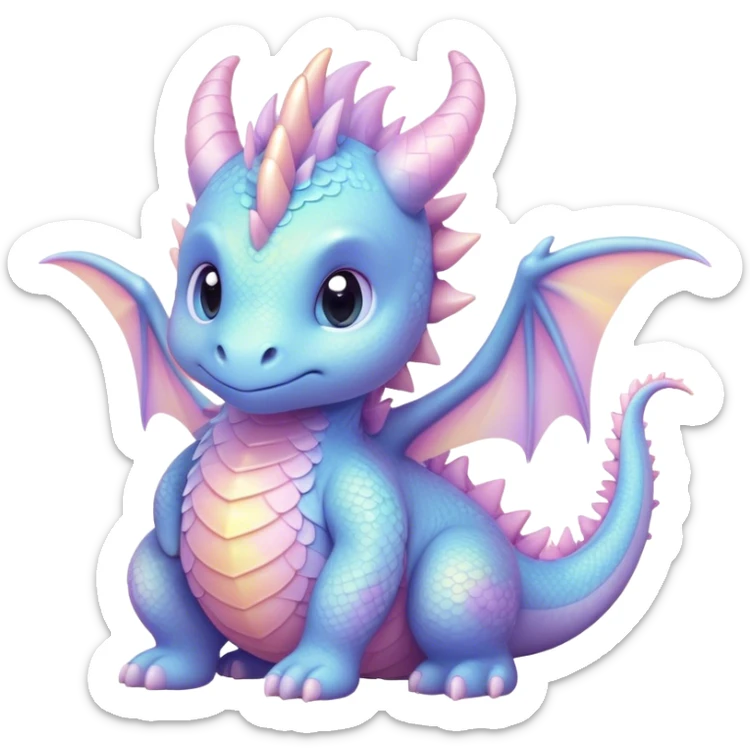 Cinematic fluffy pastel dragon, tiny round wings, chubby feet, sparkling gentle eyes, delicate glowing scales, soft colors blending magically, enchanting and whimsical. sticker