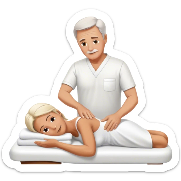 60-year-old white man dressed in white tunic giving massage to a 60-year-old white woman sticker