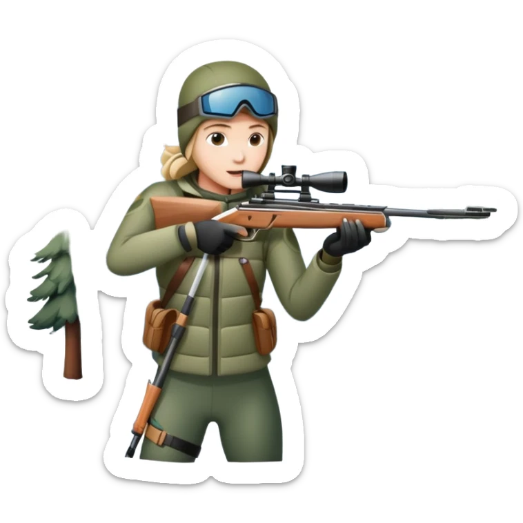An icon showing a snowy landscape with pine trees, mountains, and a clear sky with a biathlete aiming a rifle in the foreground, wearing winter gear and skis. Transparent background emphasizes the precision, endurance, and beauty of this winter sport. sticker
