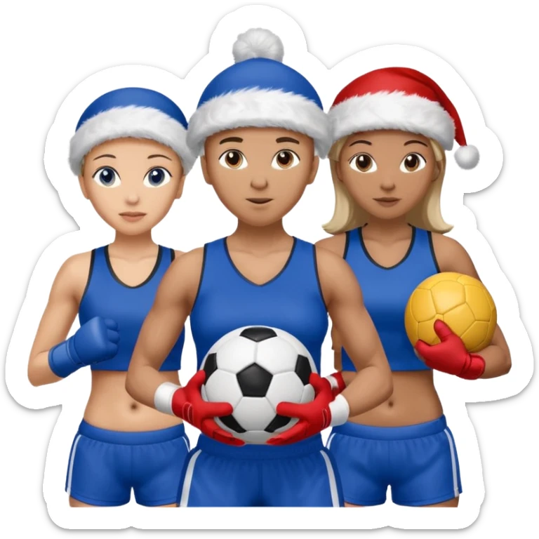 crie a imagem de 3 atletas, um homem no meio e duas mulheres, de modalidades esportivas diferentes, usando elementos esportivos, como por exemplo bola de futebol, luvas de luta e bola de vôlei... e usando um chápeu de papai noel das cores verde e azul e roupas azul sticker