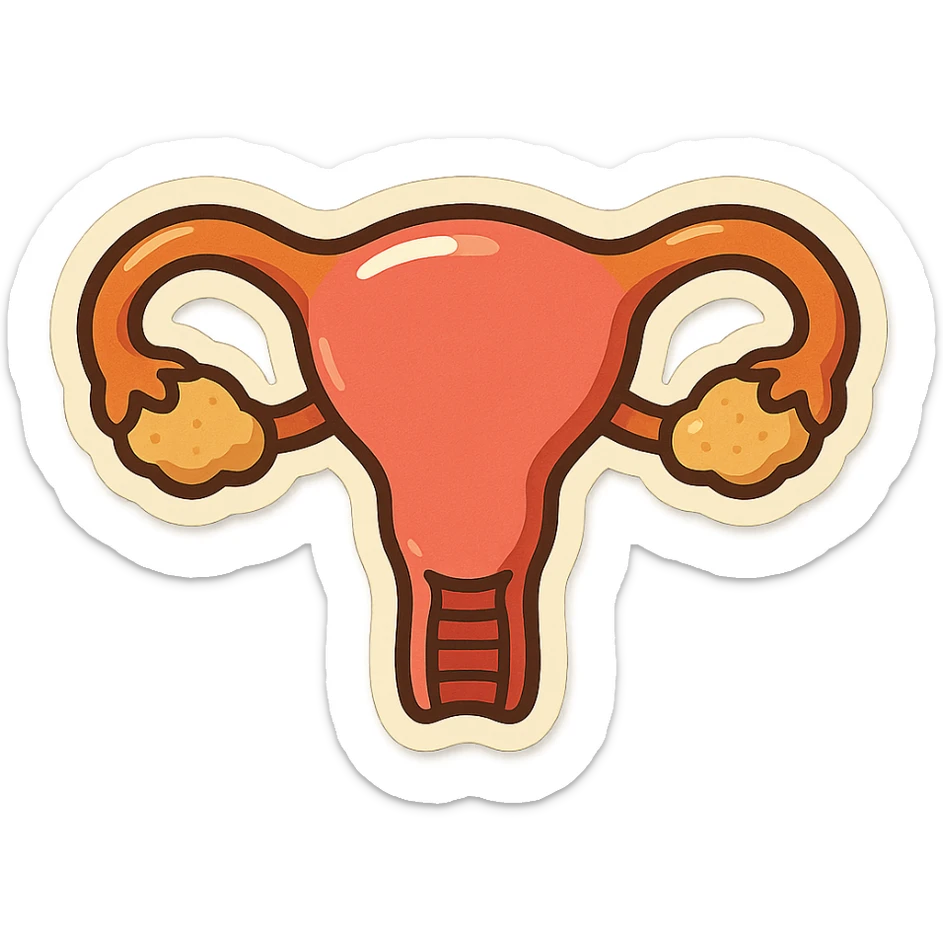 Retro stickers style variant of a uterus with more pronounced ovaries, soft rounded shapes, expressive contours, vintage color palette, light paper texture, shadows and highlights, transparent background. sticker