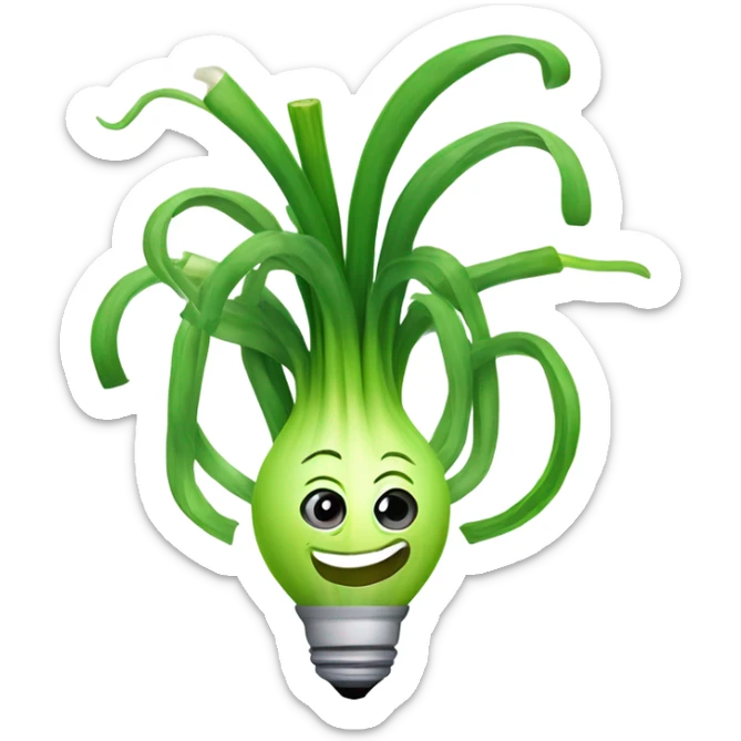 Smiling green onion with a bundle of long, thin green stalks as hair, big expressive eyes, and a cheerful cartoonish face on the white bulb section. Vibrant and playful design. sticker