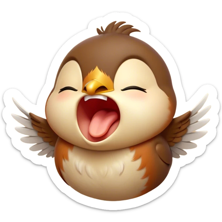 Cinematic Cute Yawning Robin Portrait Emoji, Head tilted slightly with a dramatic, wide-open yawn, showcasing a small, softly feathered body with gently drooping wings and sleepy, half-closed eyes, Simplified yet irresistibly adorable features, highly detailed, glowing with a soft, cozy glow, high shine, relaxed yet expressive, stylized with a dash of whimsical woodland charm, soft glowing outline, capturing the essence of a drowsy yet affectionate robin that appears ready to stretch out for a nap! sticker