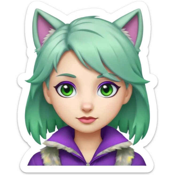 Roxanne Wolf as a cute emoji, silver fur, green hair, purple eyes, confident expression sticker