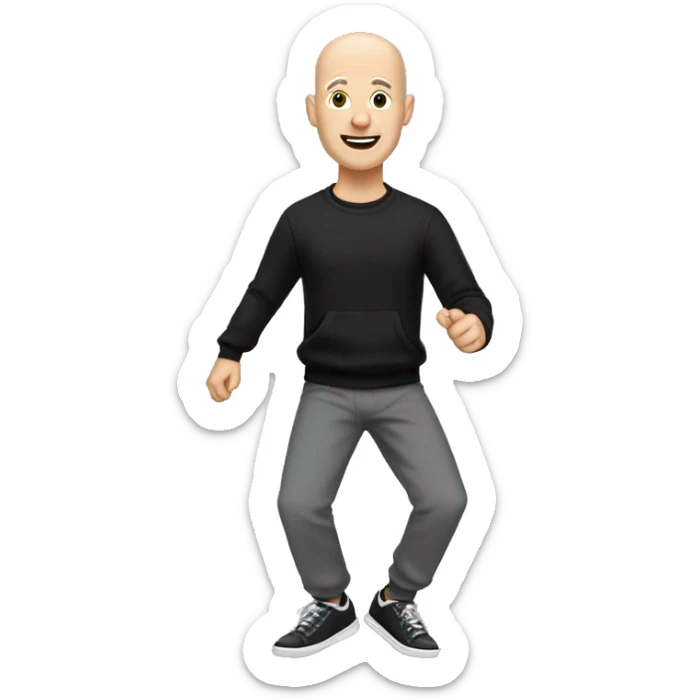 a bald white man, with a black sweater and gray jogging pants and dancing shoes sticker