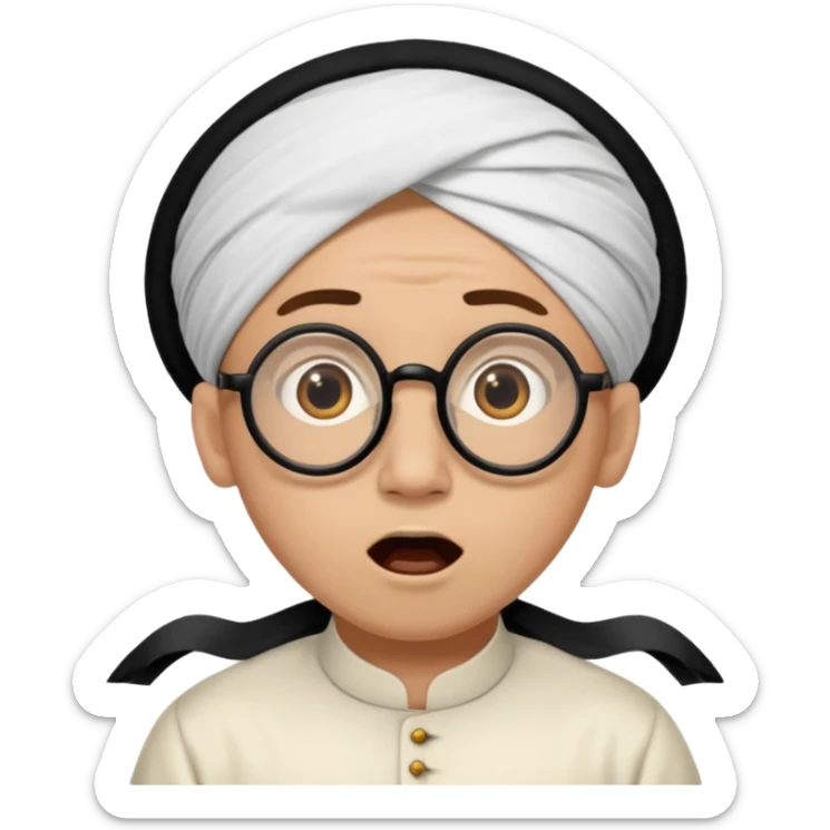 A person with light skin tone, wearing a traditional white ghutra with a black agal, large brown eyes, round glasses, and an open mouth showing a surprised or shocked expression. sticker