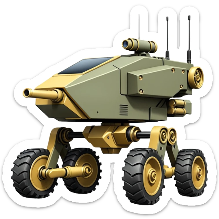 unstoppable accurate 8-wheel armored personnel sporty self-balancing army massive mech trail vehicle shooting forward side-hill leaning actively robotically articulating hydraulic independent suspended pod gimbal enemy mech off-road racing rover with large fast engine RC basher crawler megatron  sticker