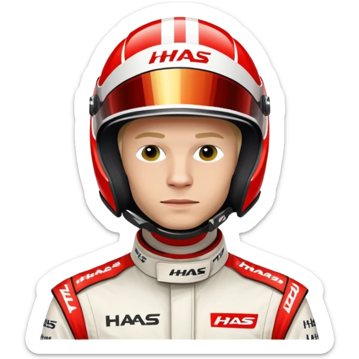Kevin Magnussen, Formula 1 driver for Haas team, wearing white and red Haas racing suit and helmet sticker