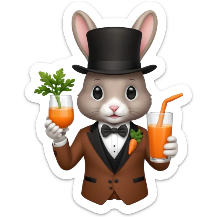 rabbit wearing suit, bowtie and top hat, holding glass of carrot juice sticker
