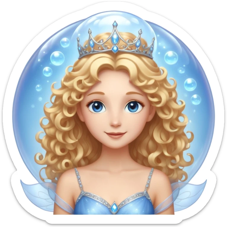 Elegant fairy with golden-blonde curls, a delicate silver crown, and sparkling blue eyes. She wears a shimmering light blue gown with a layered, ethereal design. Surrounded by a glowing, translucent bubble, radiating warmth and magic, with a bright, confident smile. sticker