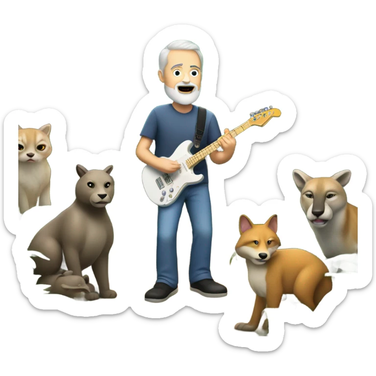 60 year old white man with a goatee playing electric guitar in a forest with animals watching sticker