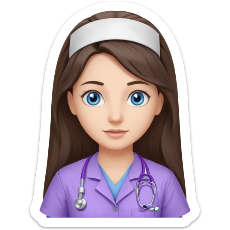 pretty brunette nurse with long hair and blue eyes in lilac scrubs sticker