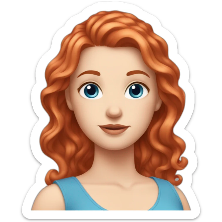 white girl. red wavy hair. blue eyes. strap dress. sticker
