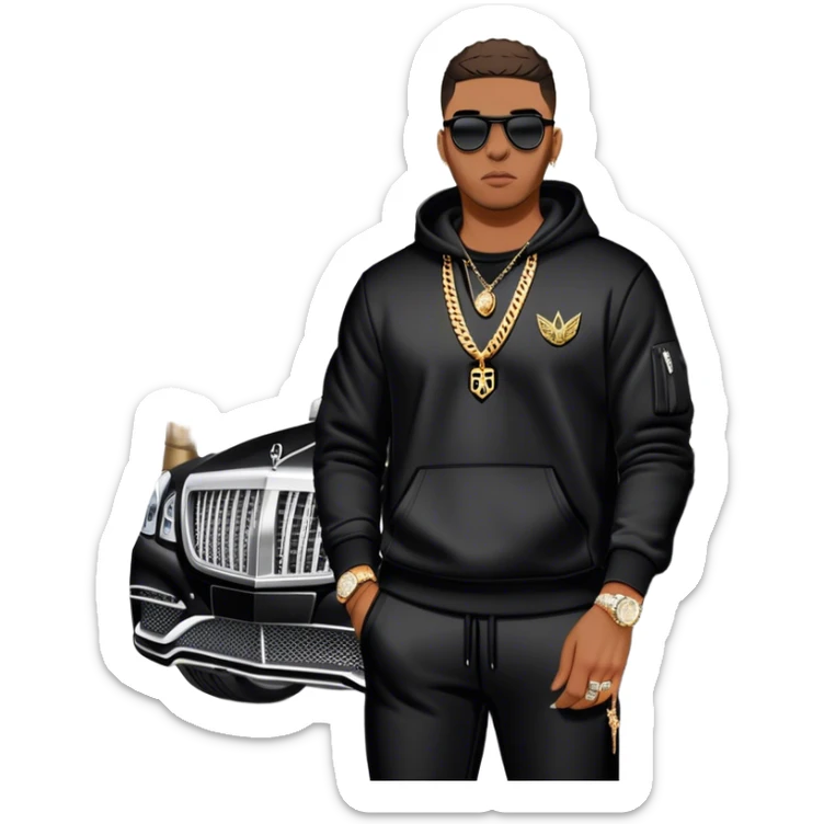 Man living his dream, standing outside his Maybach GLS 600 wearing a Palm Angels Sweatsuit & an Audemars Piguet on his wrist with a diamond Cuban link chain around his neck sticker