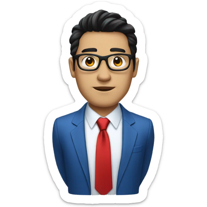 man in blue suit and red tie, black eyes with metallic glasses, black hair sticker