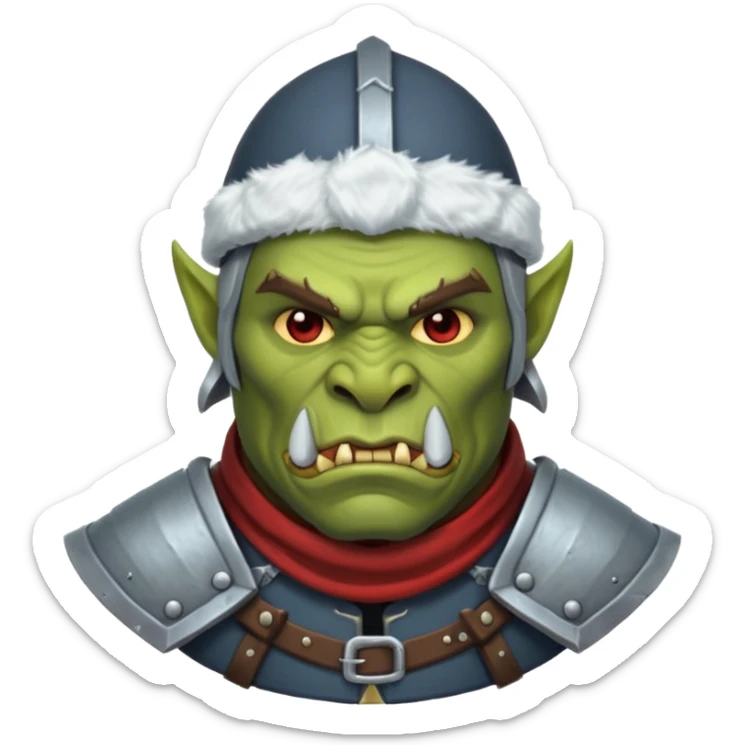 Fantasy Christmas orc legion soldier icon, iron tundra army theme, heavy winter armor, disciplined brutal look, cold steel color palette, emoji portrait, male/female variant
 sticker