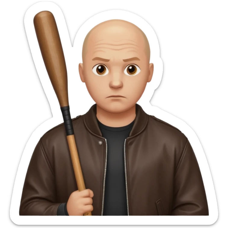 Bald Russian 1990s gangster emoji, leather jacket, , serious face with a bat sticker