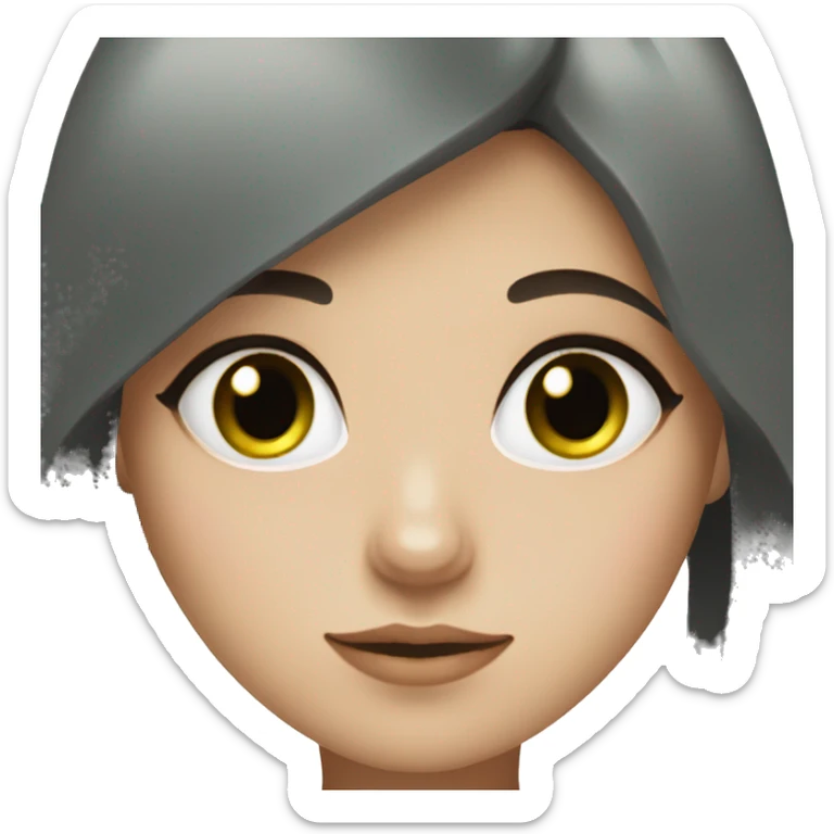 Girl with blu-green eyes and dark brown hair with a black cat sticker