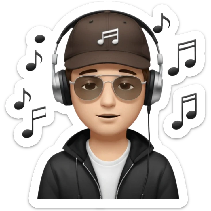 dj man white with baseball cap - rayban Sun Glasses 80s - brown hair - closed eyes with headphones on with musical note over head (listening to music ) - eyes closed no glasses - black hat  musical notes floating around head -  sticker